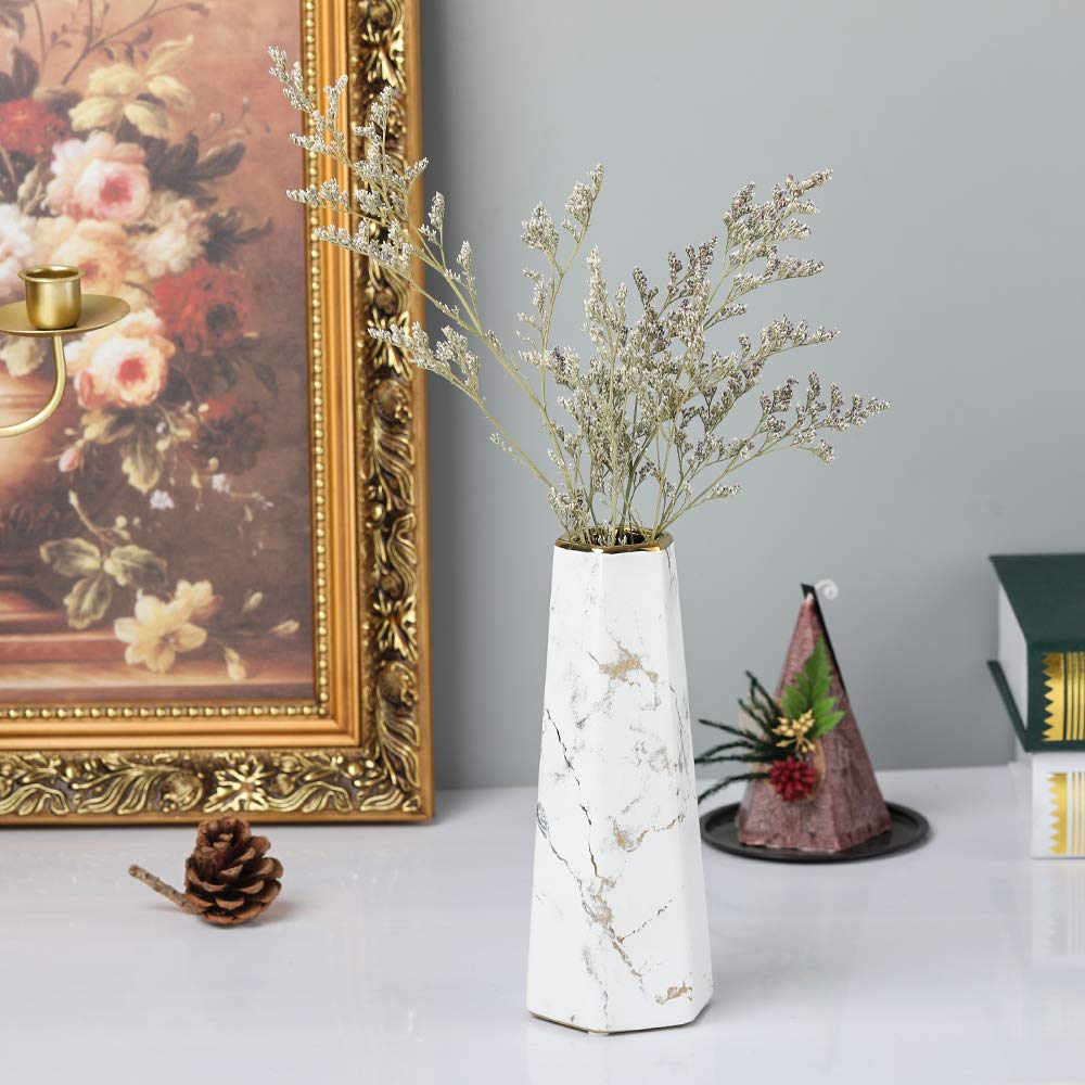 8inch White Gold Finish Marble Ceramic Flower Vase Home Decor Vase and Table Centerpieces Vase - Ideal Gifts for Friends and Family, Christmas, Wedding, Bridal Shower