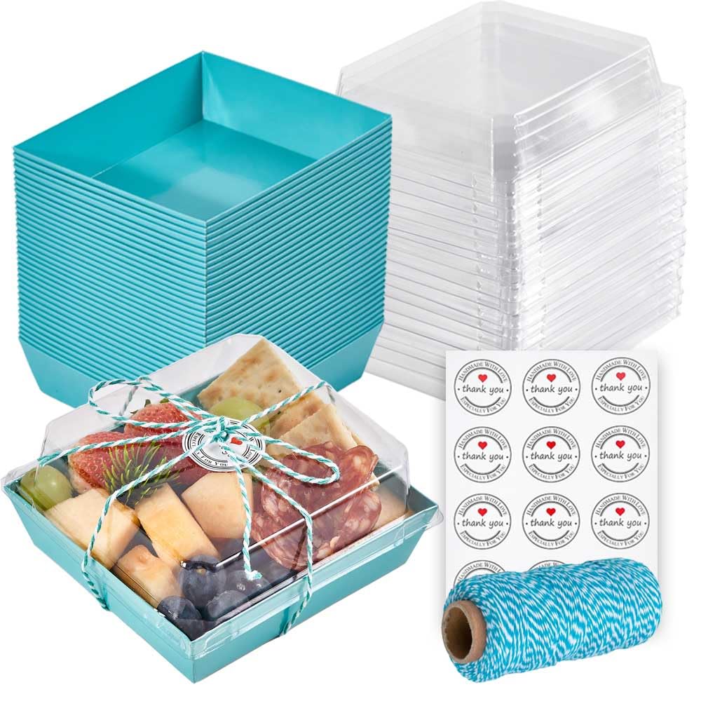 Leafiew 50 Pack Small Charcuterie Boxes with Clear Lids - To Go Paper Mini Charcuterie Box, Disposable Food Containers, 5Inch Dessert Boxes - Sandwich, Cookie, Sushi, Cake Slice, Strawberries (Blue)