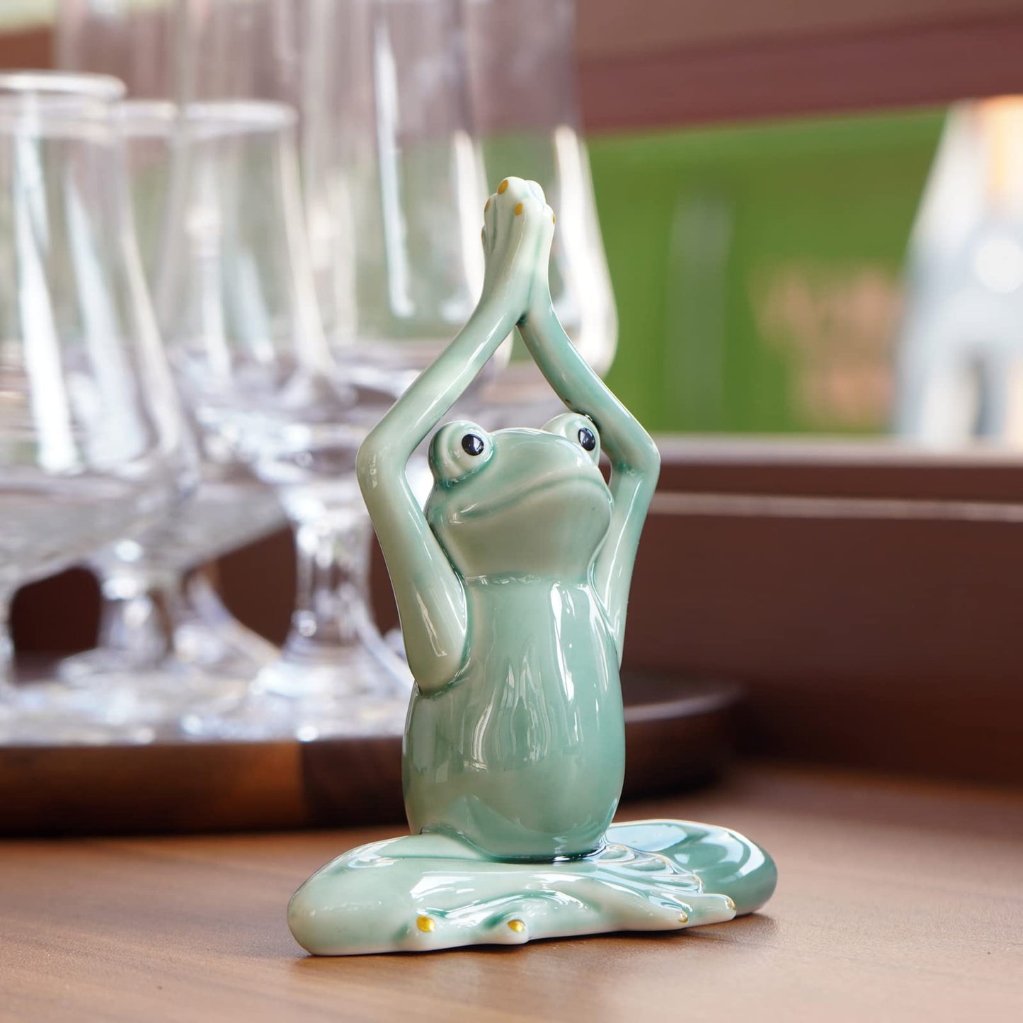 OwMell Ceramic Zen Frog Decor, Ceramic Yoga Pose Meditation Frog Staute for Home Zen Decoration - Namaste