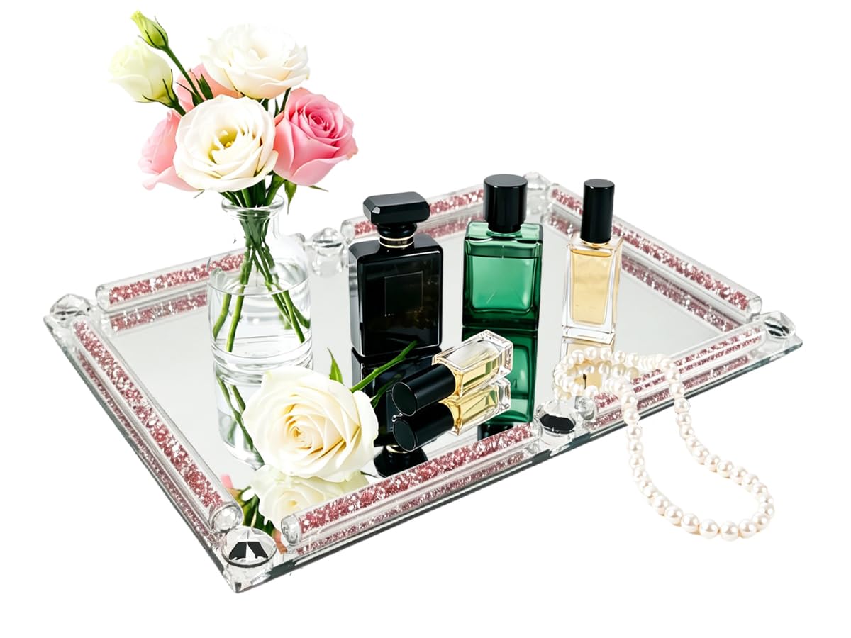 HMRCYTE Crystal Perfume Tray, 11.8" x 7.9" Mirror Glass Vanity Tray for Dresser, Cosmetic Jewelry Trinket Tray, Crushed Diamond Home Decor, Decorative Tray for Vanity Christmas Party Gift