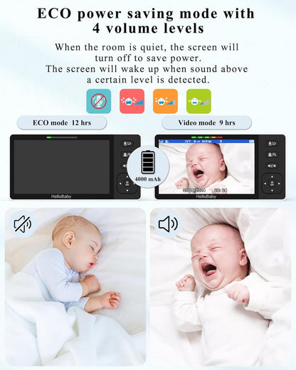 HelloBaby Baby Monitor with 1080P Baby Camera,Video Baby Monitor with Camera and Night Vision, 5.5’’ Split IPS Screen, No WiFi, ECO Mode, 2-Way Audio, Pan-Tilt-Zoom, 1000ft, Temp Display, Night Light