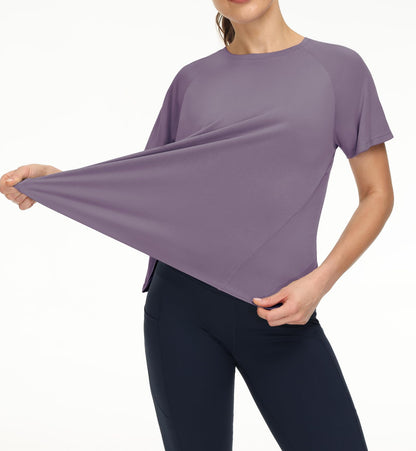 THE GYM PEOPLE Women's Short Sleeve Workout Shirts Breathable Yoga T-Shirts with Side Slits Athletic Tee Tops Grey Purple