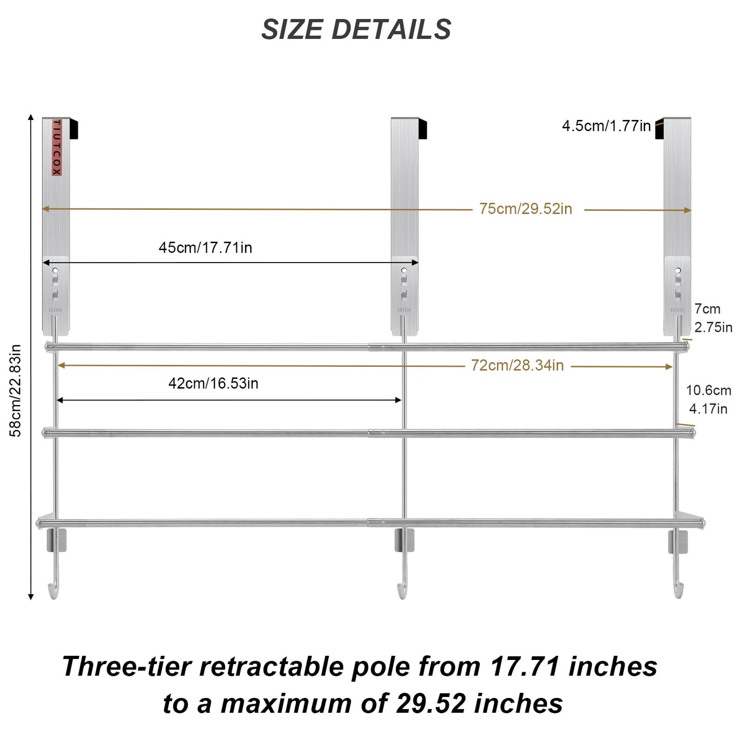 TIUTCOX Over The Door Towel Rack, 304 Stainless Steel Towel Racks for Bathroom with 3-Tier Adjustable Pole, 2 Punch-Free Screw Stickers, 22.83 * 17.71-29.52 * 6.14 Inch, Silver