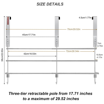 TIUTCOX Over The Door Towel Rack, 304 Stainless Steel Towel Racks for Bathroom with 3-Tier Adjustable Pole, 2 Punch-Free Screw Stickers, 22.83 * 17.71-29.52 * 6.14 Inch, Silver