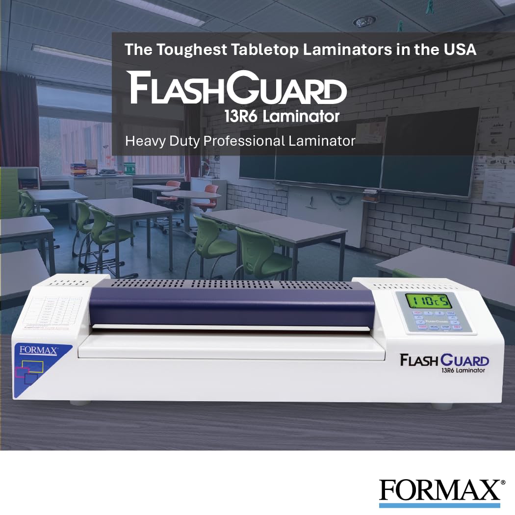 Formax FlashGuard 13R6 Laminator; 1500W; 110-120V, 50/60Hz; 15A; Heavy-Duty 6 Roller System; All-Metal Construction; Graphics-Based LCD Screen; Variable Temperature and Speed