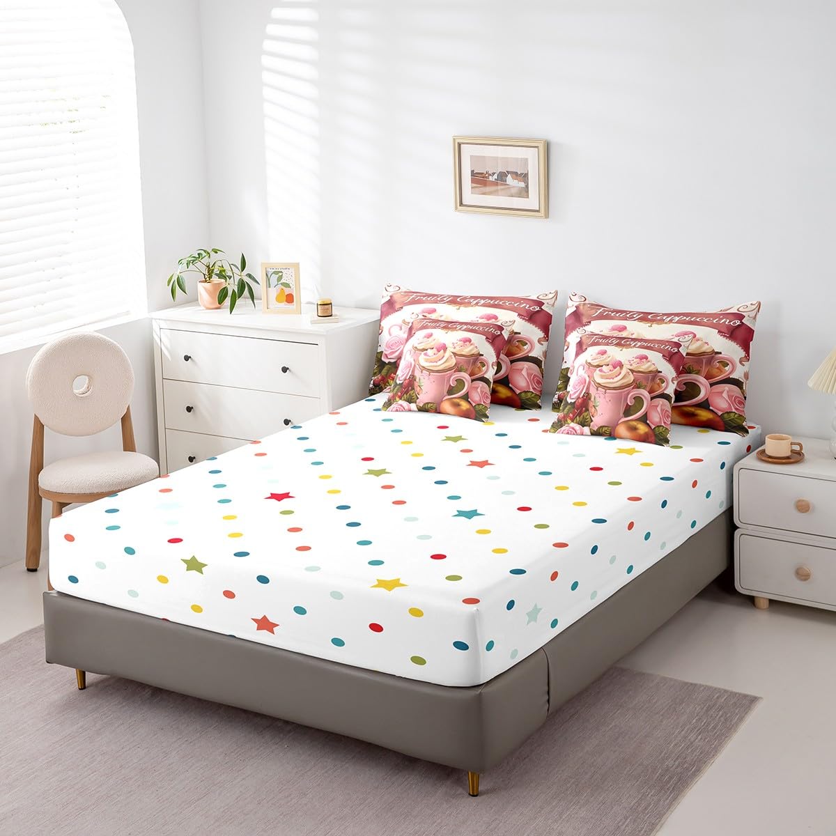 Erosebridal Fruity Cappuccino Comforter Set Full Size,Yummy Coffee Bedding Set for Kids Teens,Oil Painting Fruit (Comforter+Fitted+Flat Sheet+2 Pillowcases+2 Throw Pillow Covers) 7 Pieces Bed Set
