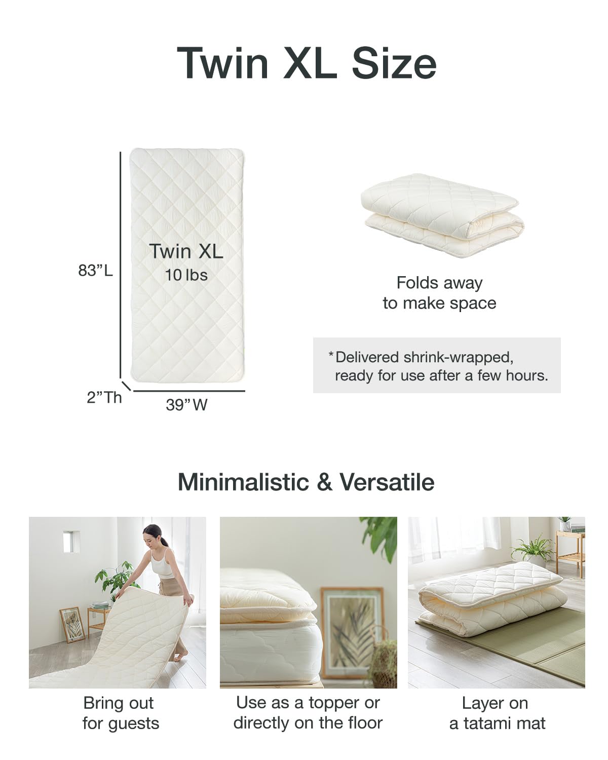 FULI Japanese Futon, Twin XL Size, White - Foldable Shikibuton Floor Bed - Medium Firm Quilted Cotton Sleeping Pad, Portable Roll-Up Japanese Floor Bed for Guests & Small Spaces