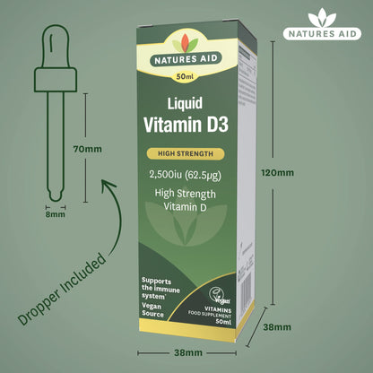 Natures Aid Vitamin D3 Liquid 2500iu 50ml – High Strength Cholecalciferol Vit D Drops – Bone & Immune Support – Vegan, Non-GMO, Gluten-Free – Natural Supplement Includes Dropper