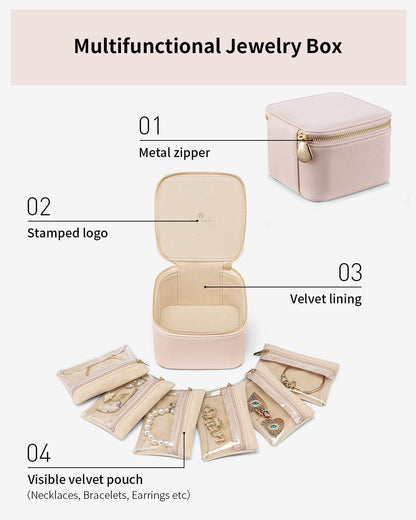 Vlando Travel Jewelry Case,Jewelry Organizer with 6 zipper velvet Jewelry bags for Women Girl,Wedding Birthday Gift Ideas for Women Earrings Rings Storage Gift Box Packaging Pink