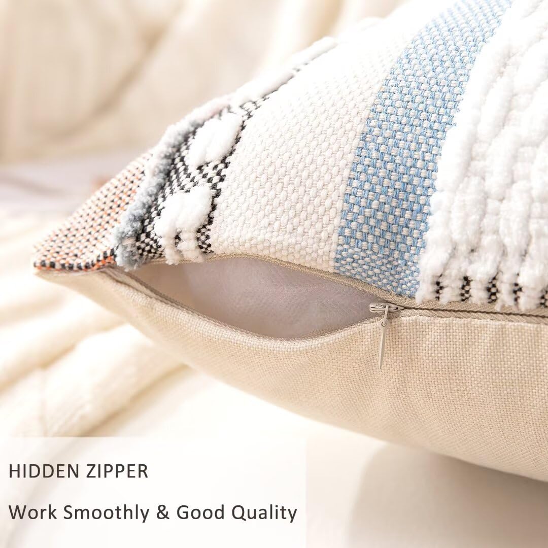 Boho Throw Pillow Covers 18x18 Set of 2 Farmhouse Decorative Cushion Case Striped Square Pillows Cover Chenille Pillow Cases Accent Neutral Pillowcase for Sofa Couch Bed,Sky Blue