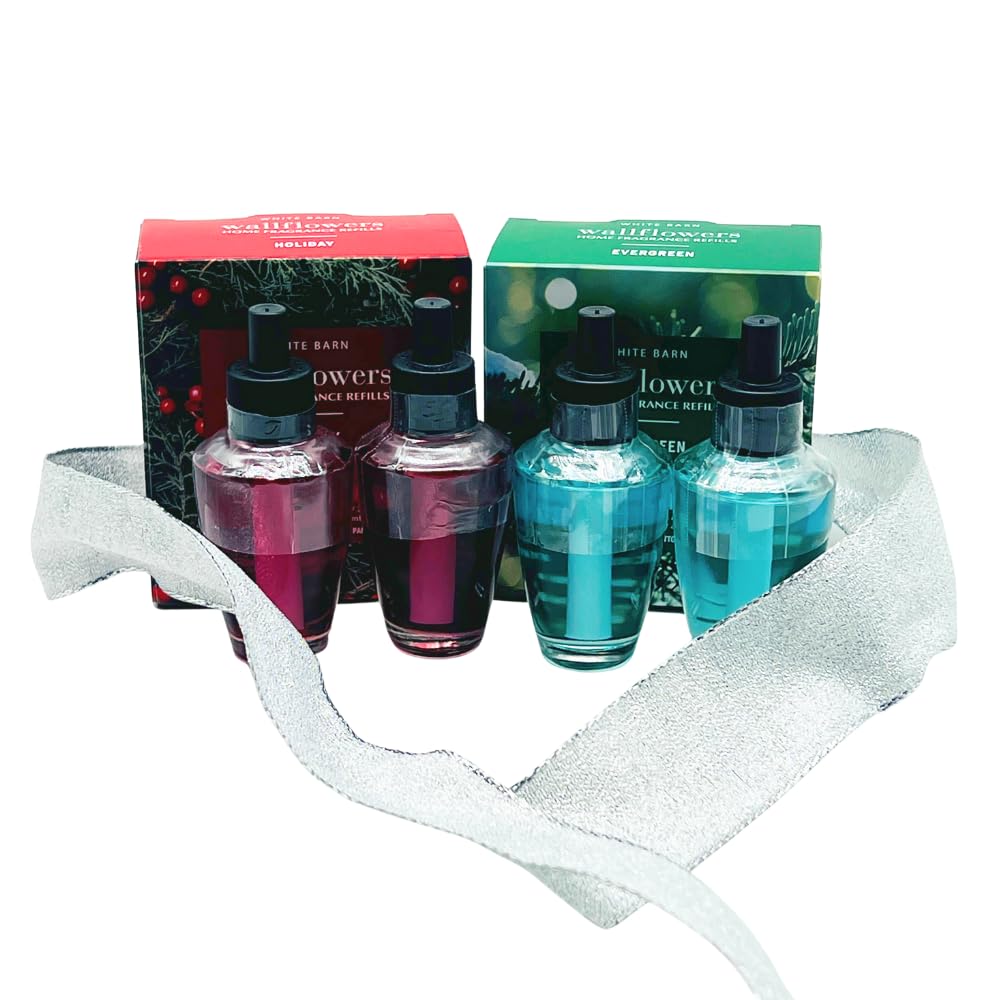 Bath & Body Works HOLIDAY & EVERGREEN Wallflowers Home Fragrance Refill 2pc Bundle Gift Set with 30-Inch Metallic Silver Ribbon Bow – Winter & Christmas Scents - 0.8 fl oz Each
