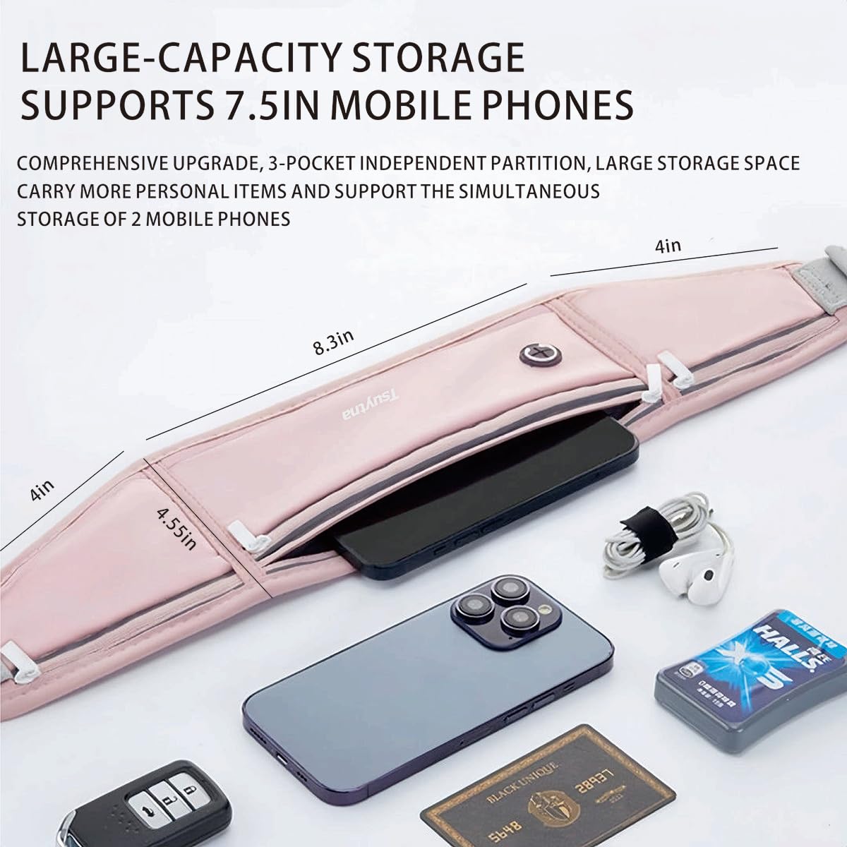TSUYTNA Running Belt for Women & Men - Slim Phone running belt with Water-Resistant Phone Holder, 3 pockets Adjustable Waist Strap, Reflective Safety Design for Running, Hiking, Travel，Fitness (Pink)