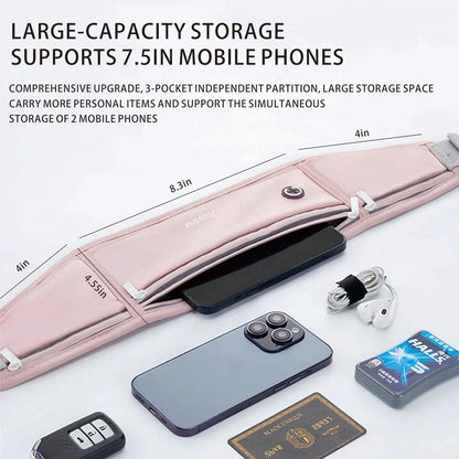 TSUYTNA Running Belt for Women & Men - Slim Phone running belt with Water-Resistant Phone Holder, 3 pockets Adjustable Waist Strap, Reflective Safety Design for Running, Hiking, Travel，Fitness (Pink)