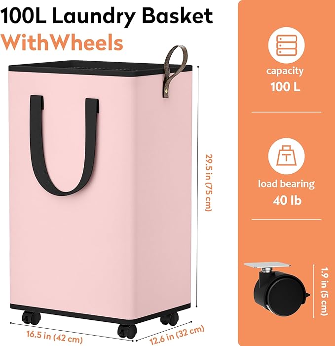 Laundry Basket with Wheels, Collapsible Laundry Baskets, Laundry Hamper with