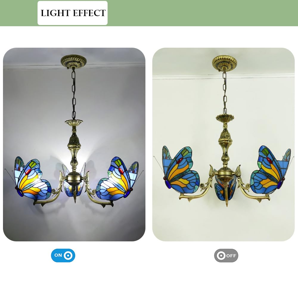 Aeyee Stained Glass Chandelier, Tiffany Style Hanging Light, Classic Blue Butterfly Pendant Light Fixture for Living Room Dining Room (5 Lights)
