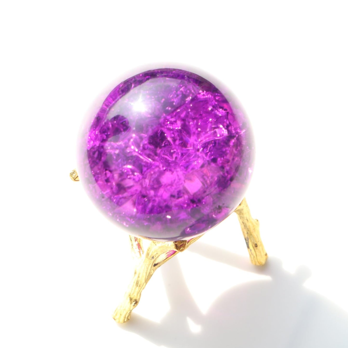 50mm Crystal Ice Cracked Balls with Metal Branches Base Paperweight K9 Glass Decorative Ball Decor for Home Table Room Office Wedding Ornaments (Purple)