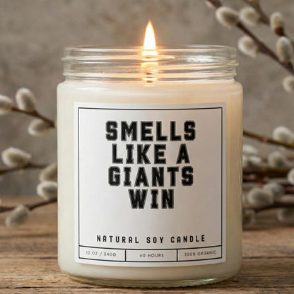 Smells Like a NY Giants Win Sports Candle - Scented Soy Wax Candle (8.0 oz) 50-60 Hour Burn Time, Cotton Wick, Frosted White Glass Jar (Vanilla)