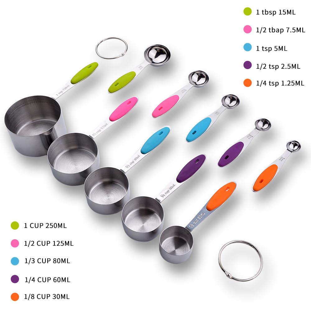 Measuring Cups and Spoons Set with Silicone Handle, Set of 10 Including Stainless Steel 5 Measuring Cups & 5 Measuring Spoons. Widely Used Cooking Baking Measurement as Kitchen Gadget.