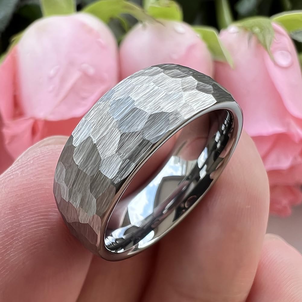 TUTISS 8mm Hammered Tungsten Carbide Rings for Men Women Engagement Wedding Bands Domed I Love You Engraved Comfort Fit Size 7