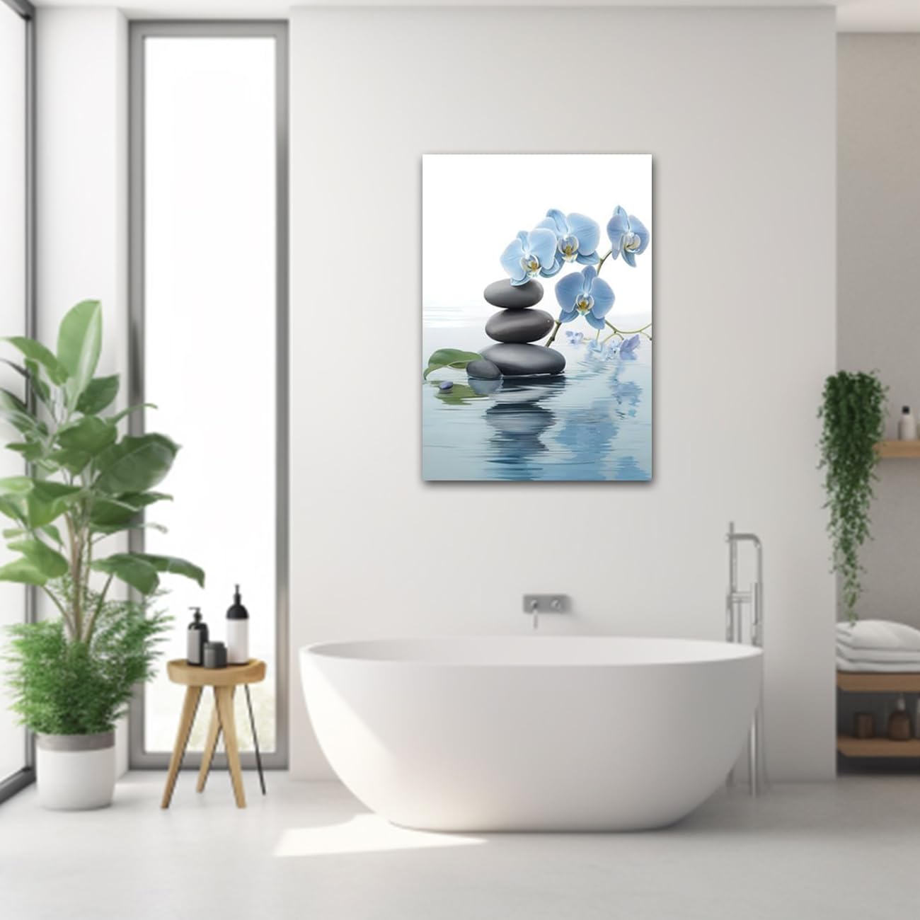 CXHOSTENT Spa Bathroom Wall Art Blue Orchid Flowers and Zen Stones on Water Pictures Print on Canvas Framed Artwork for Yoga Zen Room Decor (Zen-3, 16.00"x24.00")