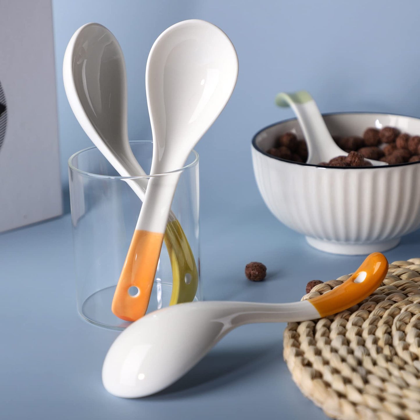 Ceramic Dessert Spoons Set of 4 Long Handle Cereal Spoon Korean Porcelain Spoons for Dessert Oat Cereal Rice Soup (Model 1#)