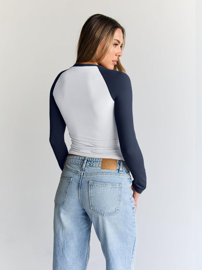 Trendy Queen Women's Long Sleeve Shirts Slim Fit Stretchy Color Block Slightly Cropped Tops