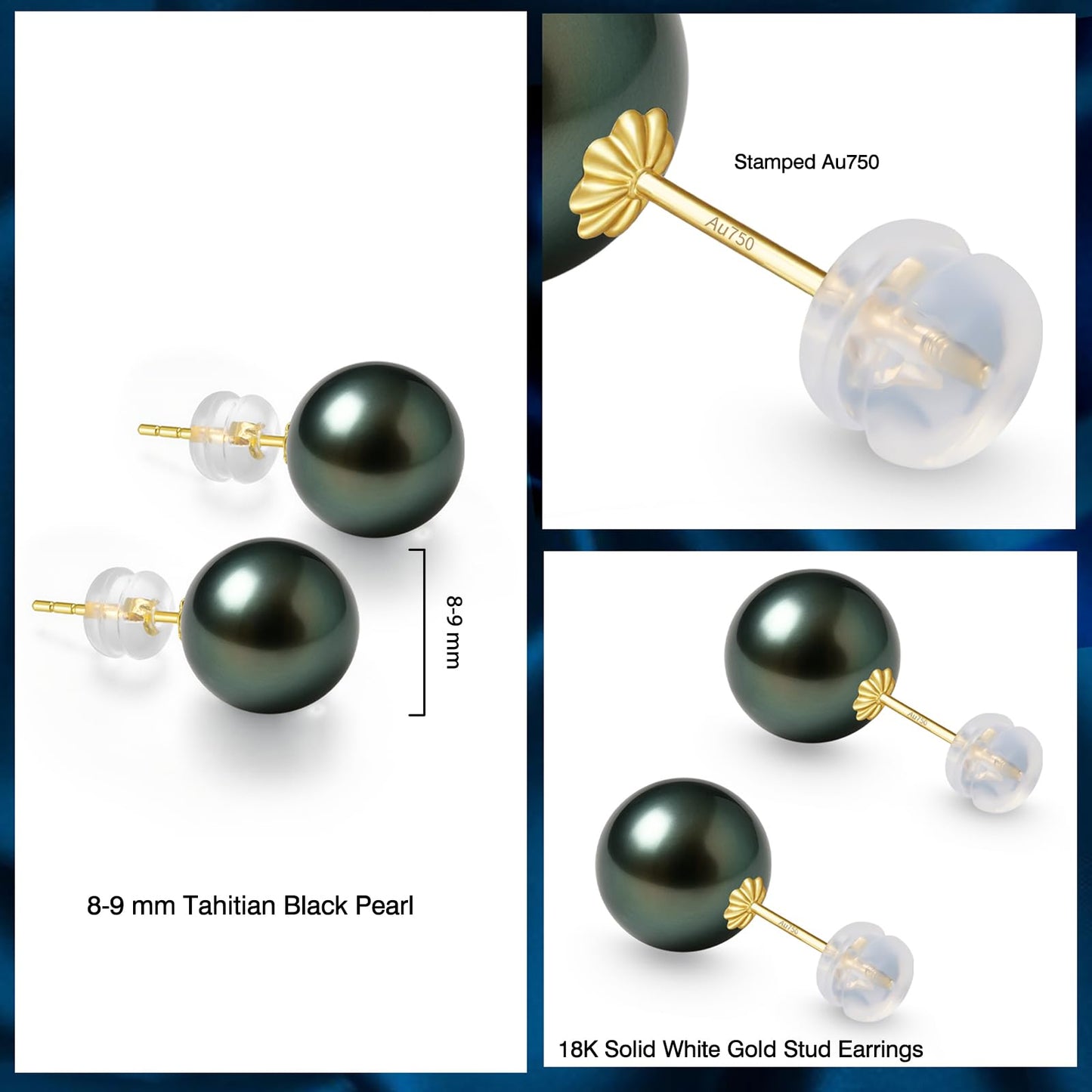 18K Solid Yellow Gold Genuine Tahitian Black Pearl Stud Earrings for Women, AAAA 8-9mm Seawater Pearls - Christmas Gift for Wife Mom Daughter Grandma, Women Jewelry for Wedding Anniversary Birthday