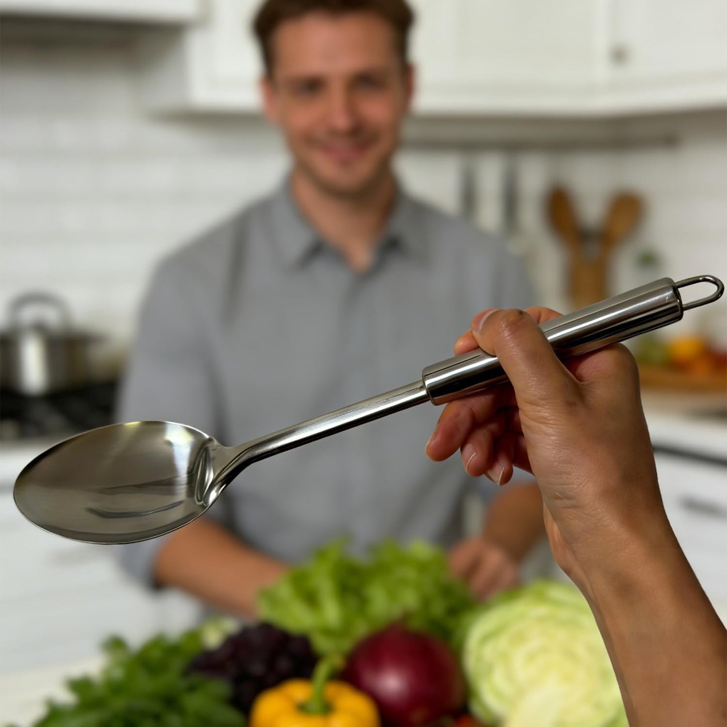 4 Pack Stainless Steel Cooking Spoon Set,Kitchen Large Cooking Spoons with Round Handle,Polished Metal Slotted Spoon &Serving Spoon, Heat Resistant Basting Spoons for Cooking,Mixing and Serving Food