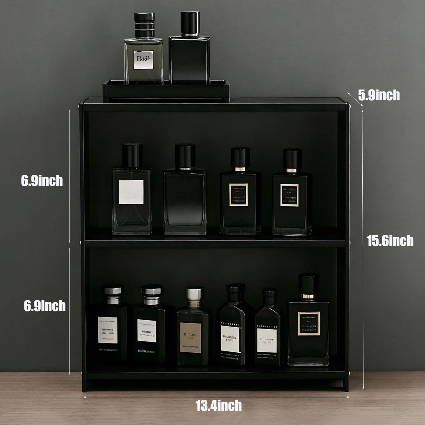 SANRETAHO Bamboo Cologne Organizer for Men, 3-Tier Perfume Organizer, Makeup Display Shelf for Vanity, Bathroom Counter Organizers and Storage Shelf, Black