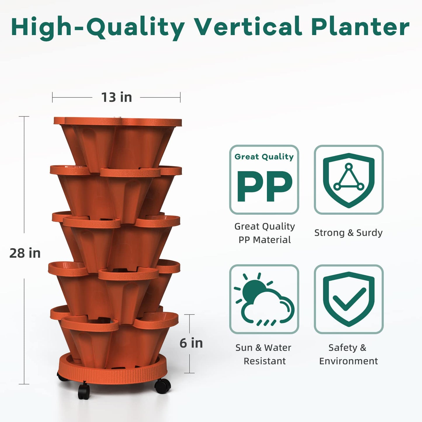 Tectsia Strawberry Vertical Planters 2 Pack, 5 Tiered Stacking Tower Garden with Support Pole, Stackable Herb Vegetable Planters Indoor Outdoor Terra Cotta
