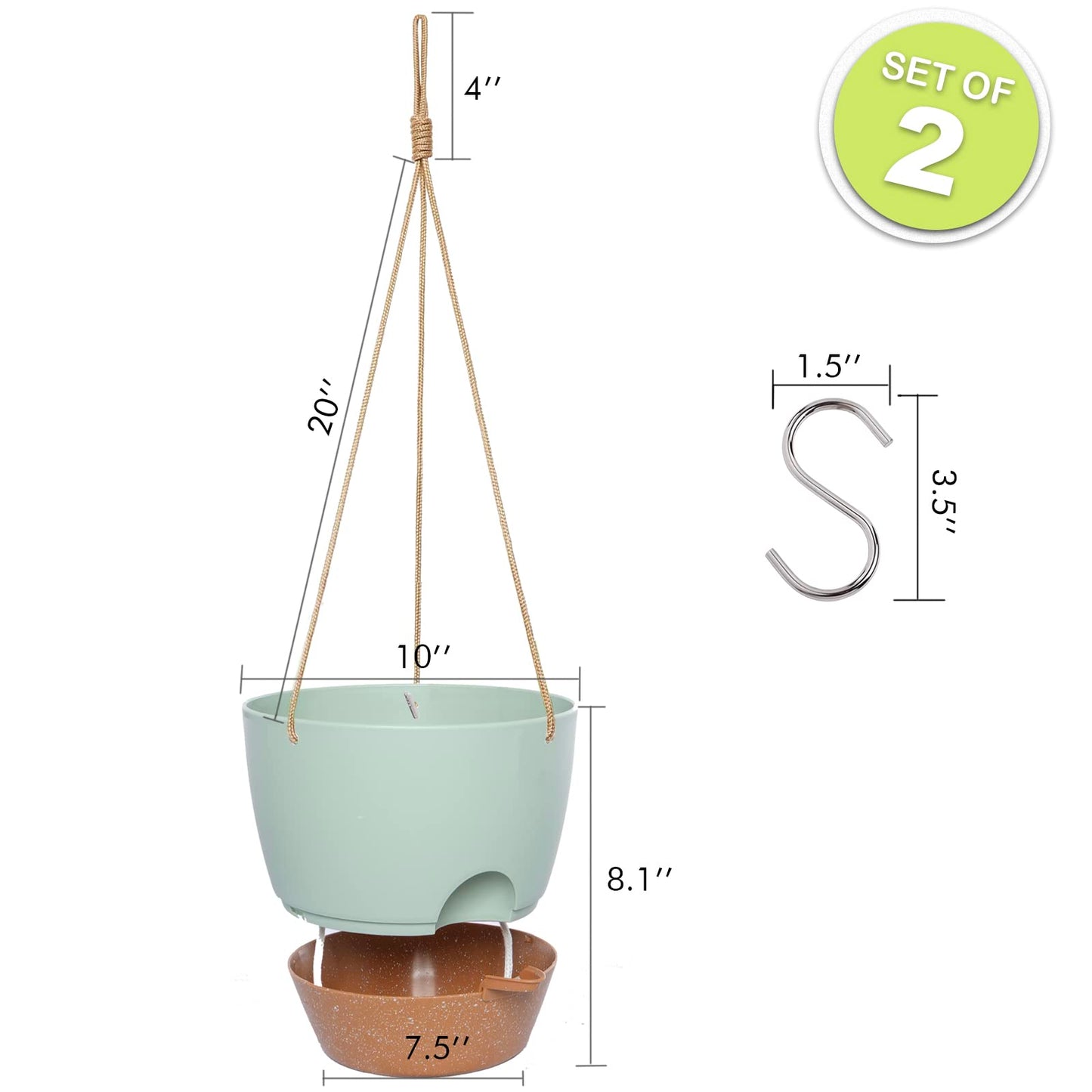 SwinDuck 10 Inch Self Watering Hanging Pots, 2 Pack Hanging Planters with 40oZ Deep Reservior for Indoor Outdoor Plants Flowers, Green with Brown