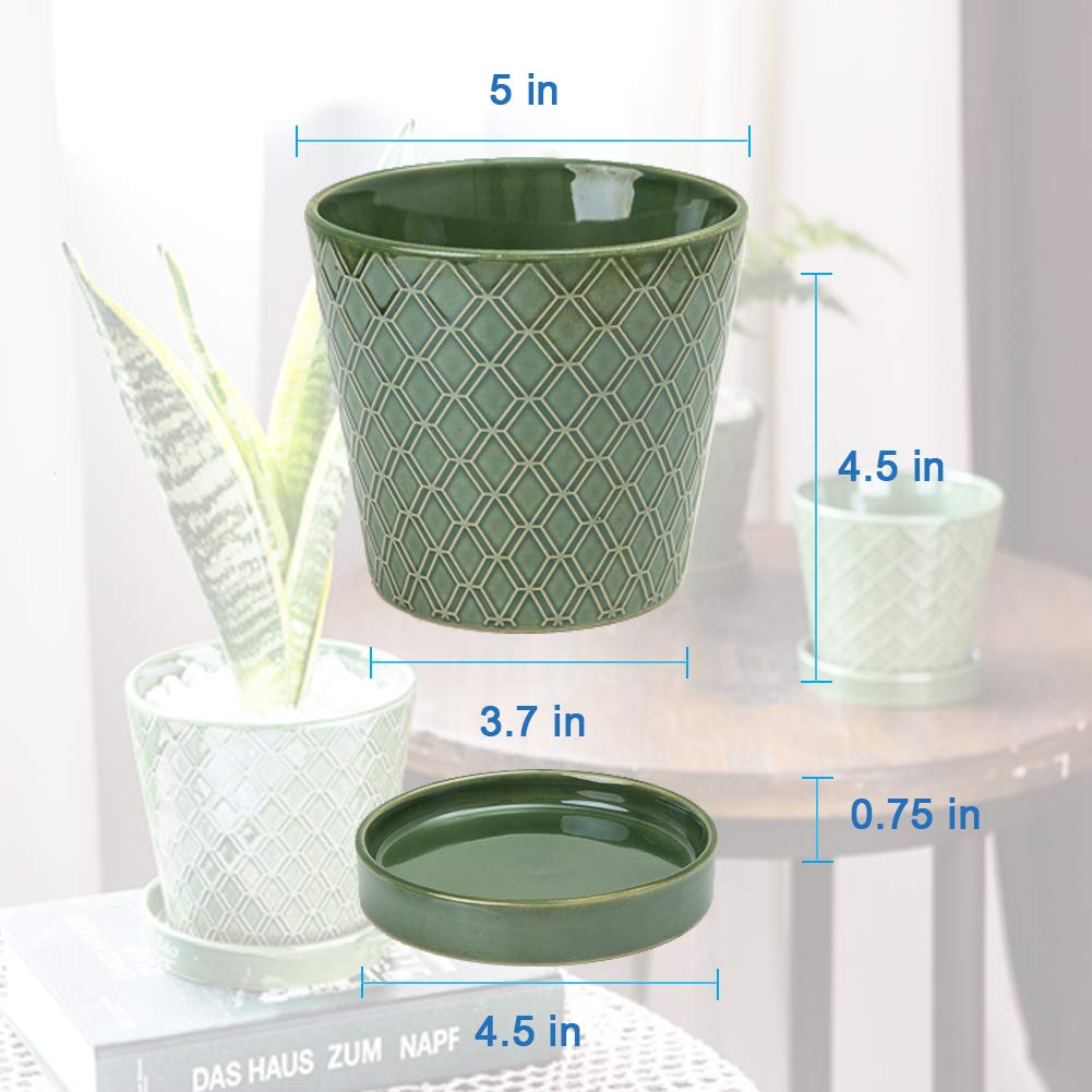 BUYMAX Plant Pots Indoor –5 inch Ceramic Flower Pot with Drainage Hole and Ceramic Tray - Gardening Home Desktop Office Windowsill Decoration Gift, Set of 4 - Plants NOT Included (Patina)