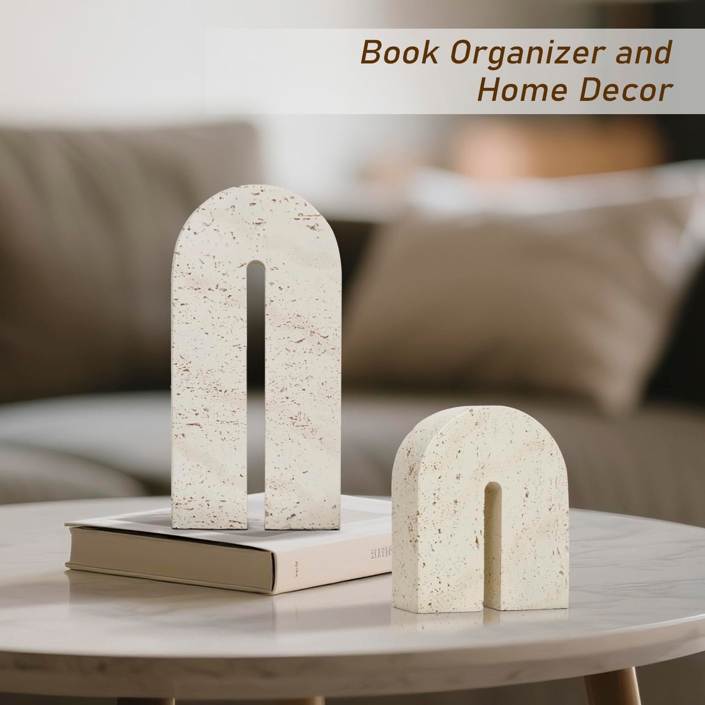 BOHDK Book Ends for Shelves, Resin Heavy Duty Decorative Bookends, Retro Arch Book Holder for Heavy Books, Imitation Travertine Book Stopper for Home Decor, Study, Bookshelf, Desktop, Set of Two
