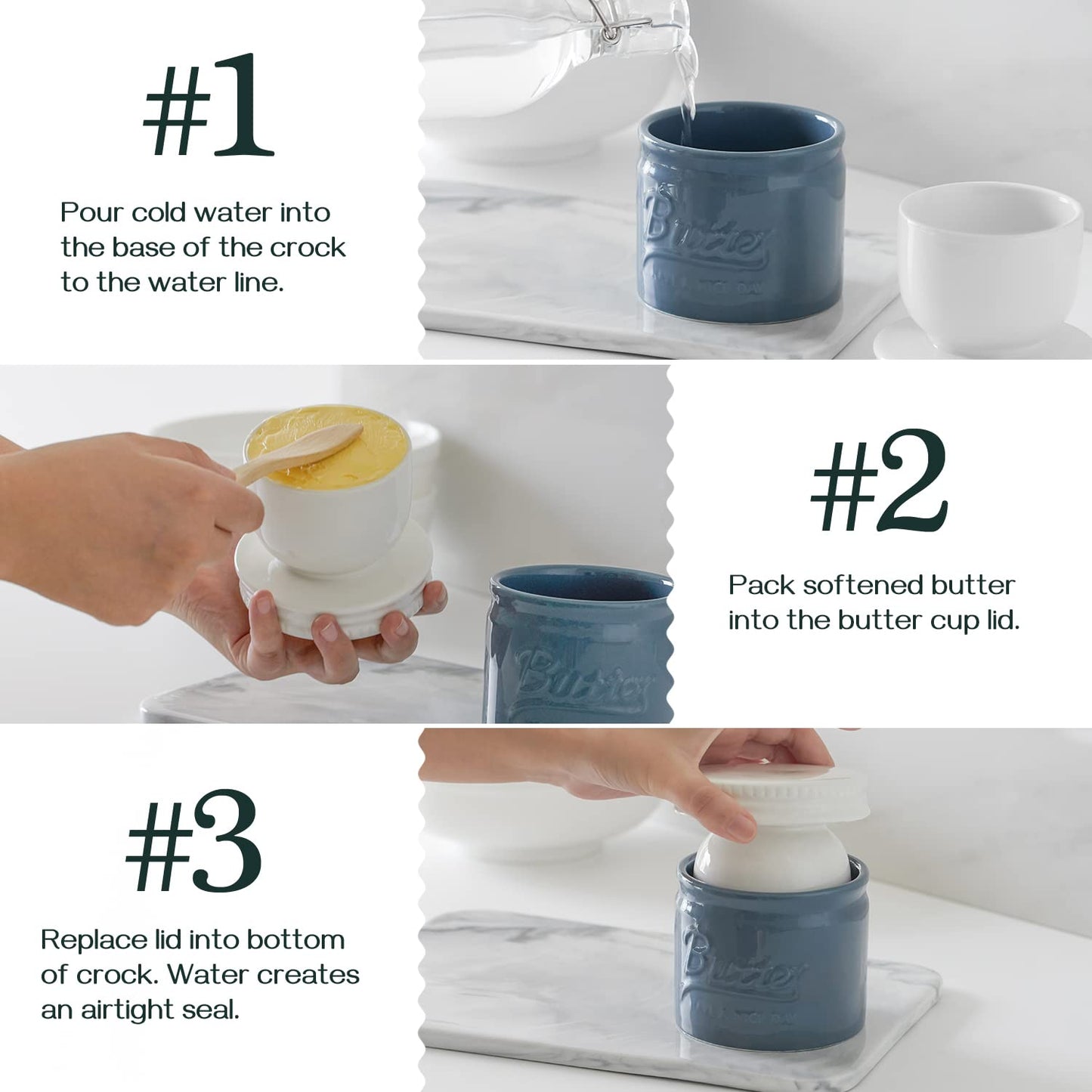 DOWAN Butter Dish, French Butter Crock With Lid for Spreadable Soft Butter, Porcelain Butter Keeper With Waterline for Counter, Embossed Butter Container Home Gift Kitchen Decor, Beige