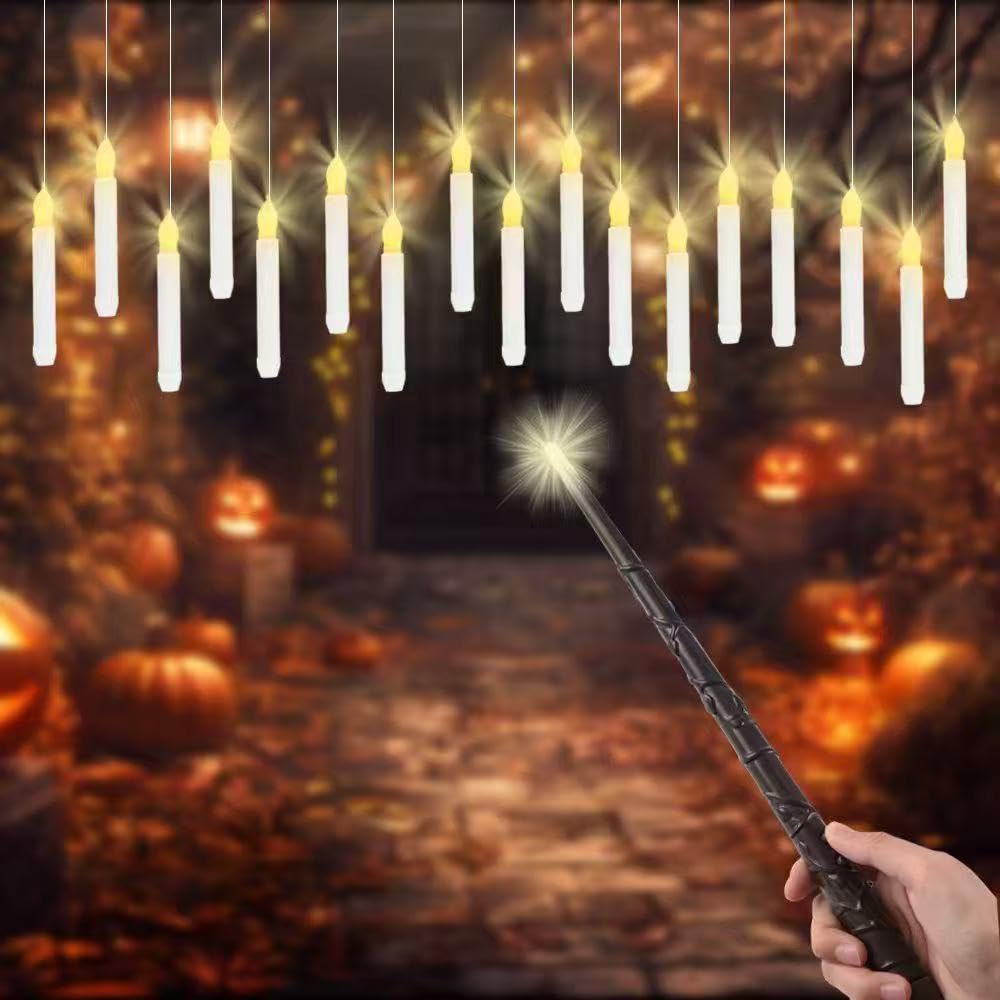LONGSUOCHUANG 12 Pcs Floating Candles with Wand, Warm Yellow Flameless LED Taper Candles with Remote, Battery Operated Flickering Lights for Halloween Christmas Party Window Decor