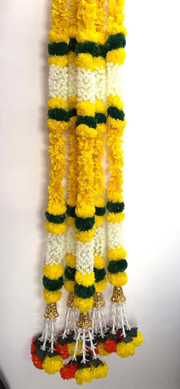 DIYANA IMPEX 4 Pc Artificial Marigold Garland with Bells, 5 Ft Long Hanging Flower Strings for Diwali Decorations, Indian Wedding, Party, Home Decor, Ganpati Hanging Decor & Mantle Decor (Yellow)