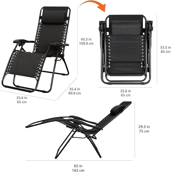 Amazon Basics Outdoor Patio Zero Gravity Portable Folding Reclining Lounge Chair with Padded Headrest Pillow, Weather Resistant Textilene, 26", Black