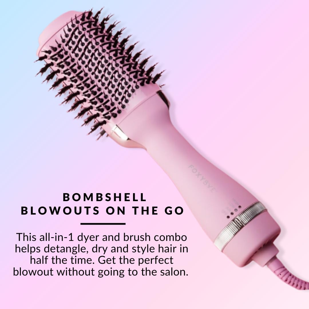 FoxyBae All-in-One Hair Styler - Ceramic Oval Barrel Blow Dryer Brush (75mm) for Drying, Curling, Volumizing & Straightening Hair [Party Pink]