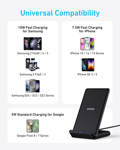 Anker Wireless Charger, PowerWave Stand, Qi-Certified for iPhone 17/16/15/14/13/12 Series, SE, 11, 11 Pro, 11 Pro Max, XR, Xs Max, 10W Fast-Charging Galaxy S20 S10 S9 S8, Note 10 (No AC Adapter)