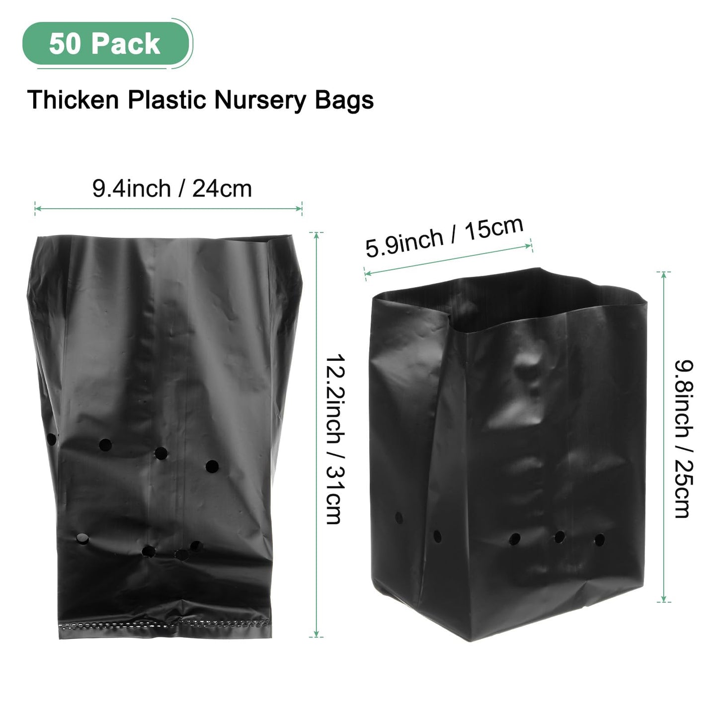 M METERXITY 50-Pack Nursery Growing Bags, 9.4" x 10.6" Thicken Plastic Nursery Bags, Gardening Seed Plant Bags for Potato/Flower/Tomato/Plant Starts/Home Gardening Supplies [Black]