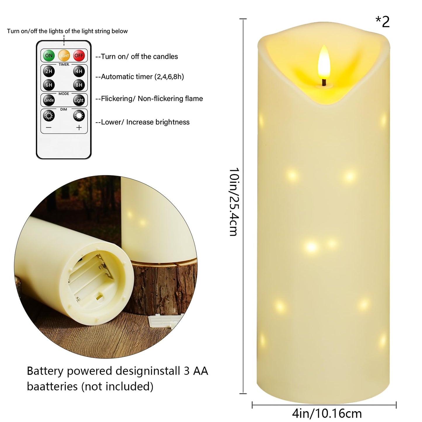 4" x10" Outdoor Flameless Candles Waterproof, Battery Operated LED Candles with Remote Control and Timer，Internal string lights，Ivory , Set of 2，Suitable for home decoration and holiday decoration