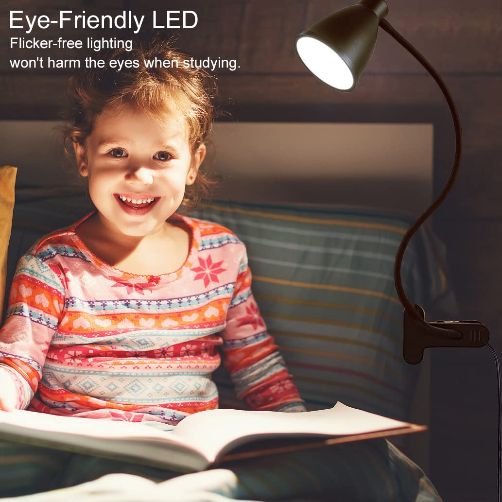 BOHON Desk Lamp 5 Color Modes 10 Brightness Dimmer Reading Light 10W 38 LED Clamp Lamp with Auto Off Timer 360° Flexible Neck Clip on Light for Bed Bedside, AC Adapter Include