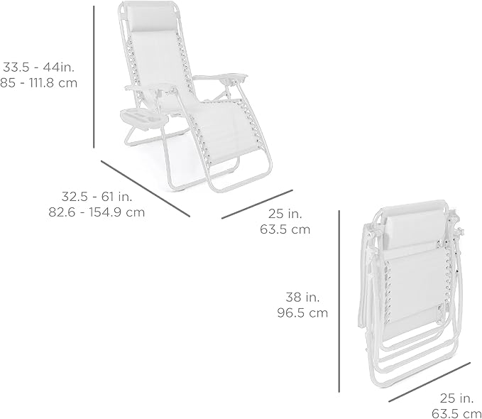 Best Choice Products Set of 2 Adjustable Steel Mesh Zero Gravity Lounge Chair Recliners w/Pillows and Cup Holder Trays - Snow