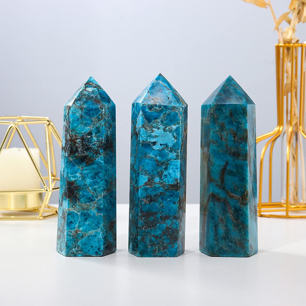 Runyangshi Large Blue Apatite Natural Healing Crystal Wand 4.72"-5" Crystals Tower 6 Faceted Single Point Crystal Prism Wand Natural Stones for Meditation Reiki Chakra Therapy Home Decor Gift