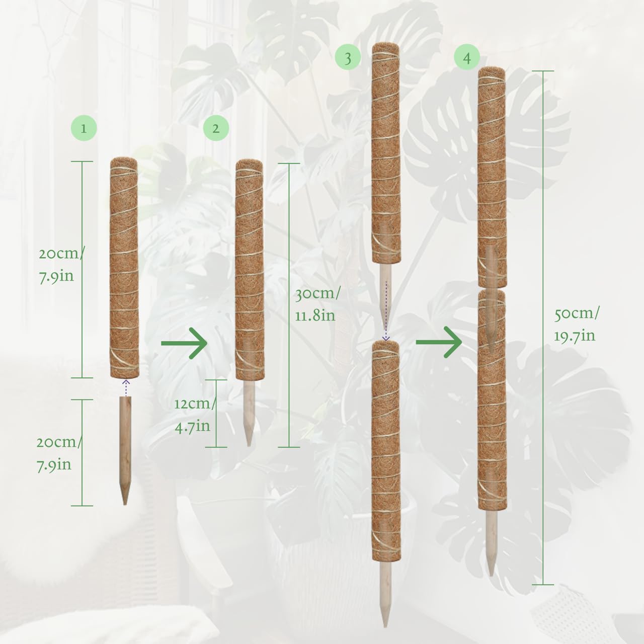 Moss Pole for Plants 4 Pack Natural Coco Coir Climbing Support Stakes with Plant Ties Indoor Monstera Plant Training Extension Poles 7.9inch Each Total 31.6 inch