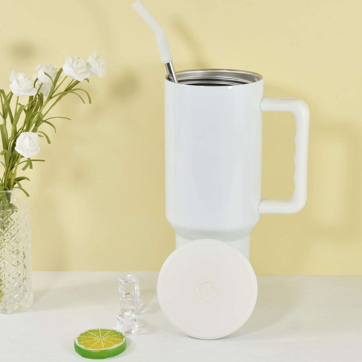 FECBK 40 oz Sublimation Tumbler with Handle and Straw Keeps Cold for 34 Hours Leakproof Stainless Steel Double Wall Vacuum Insulated Travel Mug Sublimation Blank Tumblers Bulk White 16 Pack