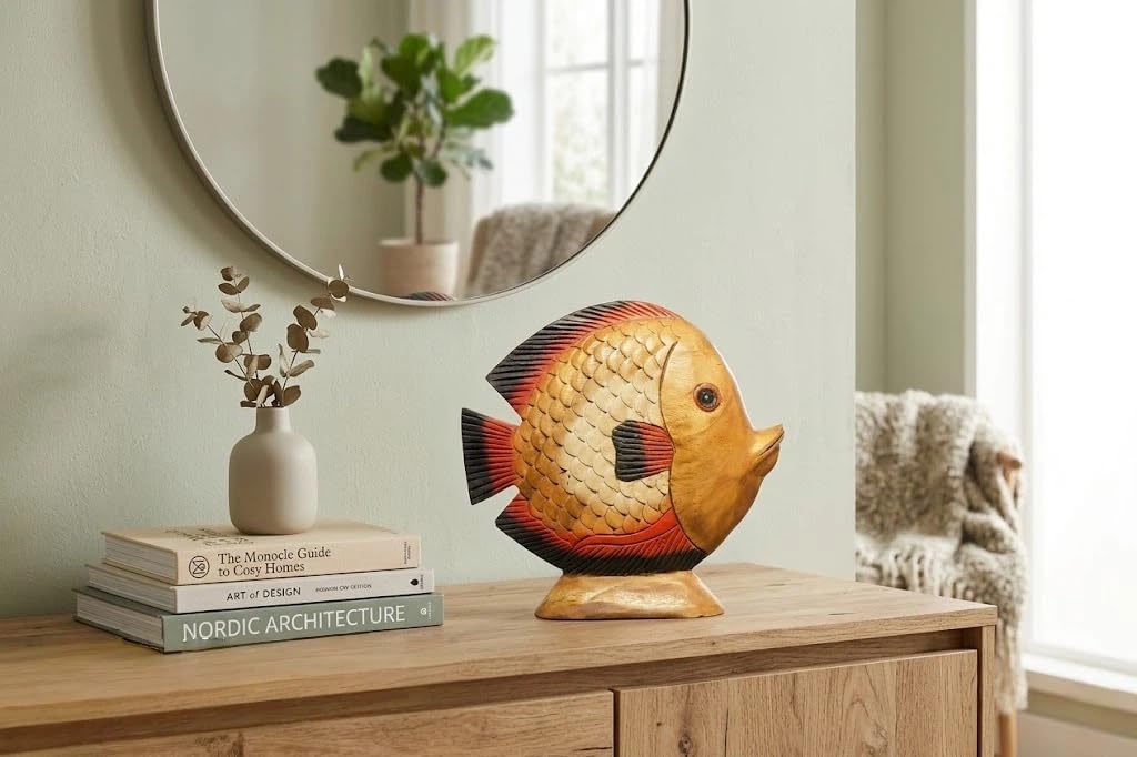 AHZGBL Wooden Tropical Fish Figurine, Hand Carved Solid Wood Fish Statue from Thailand, Handcrafted Home Art Decor, Ocean Style Collectibles for Living Rooms, Cafes, Offices, Display Cabinets, Shelves
