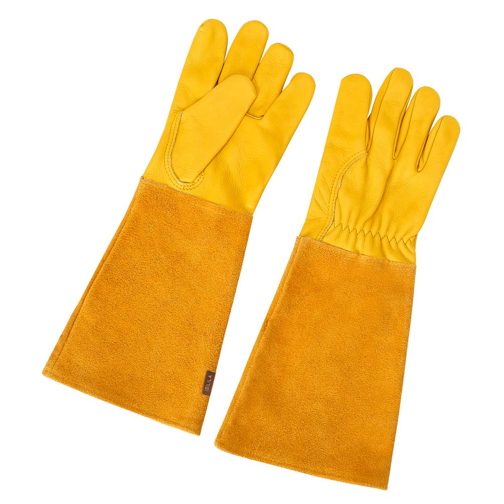 Leather Gauntlet Gardening Gloves for Women and Men, Breathable Rose Pruning Gloves with Thorn Proof Gauntlet, Long Durable Cowhide Sleeves Garden Gloves Work for Gardener and Farmer(M,Yellow)