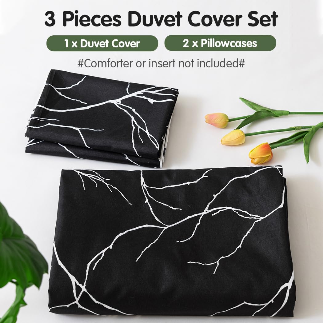 Lekesky Reversible Duvet Cover Queen Size, Black Branch Comforter Cover Queen 3pcs Microfiber Botanical Bedding Set with Zipper Closure Corner Ties