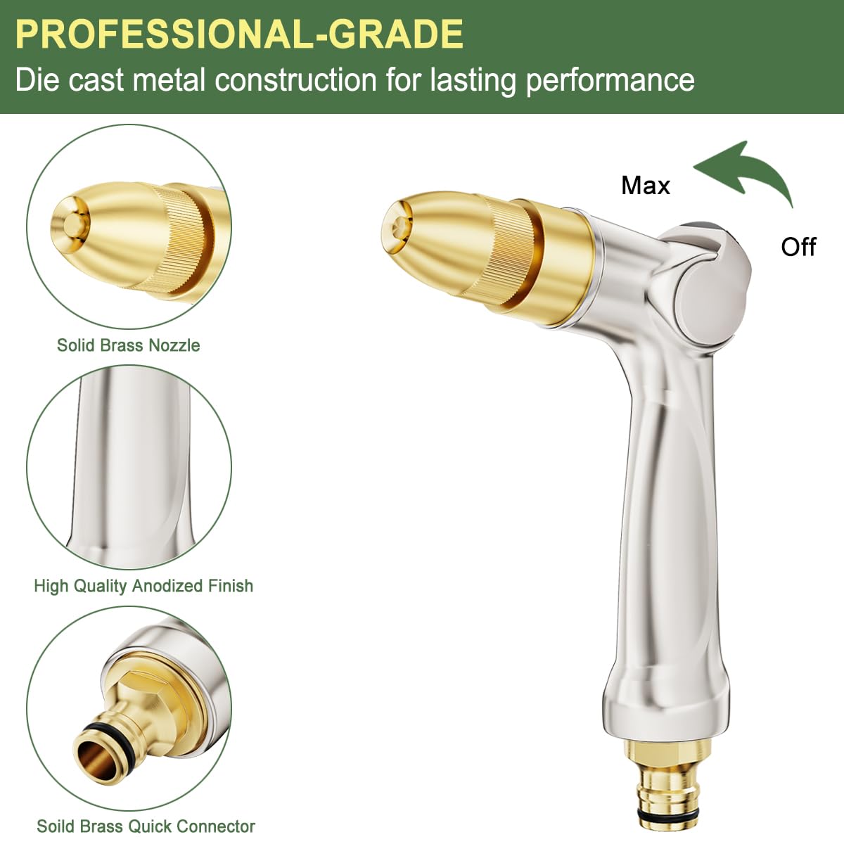 FANHAO Professional Heavy Duty Garden Hose Spray Gun, 100% Metal Thumb Control Hose Gun with Brass Tip, High Pressure Adjustable Hose Nozzle for Lawn & Plant Watering, Car & Pet Washing